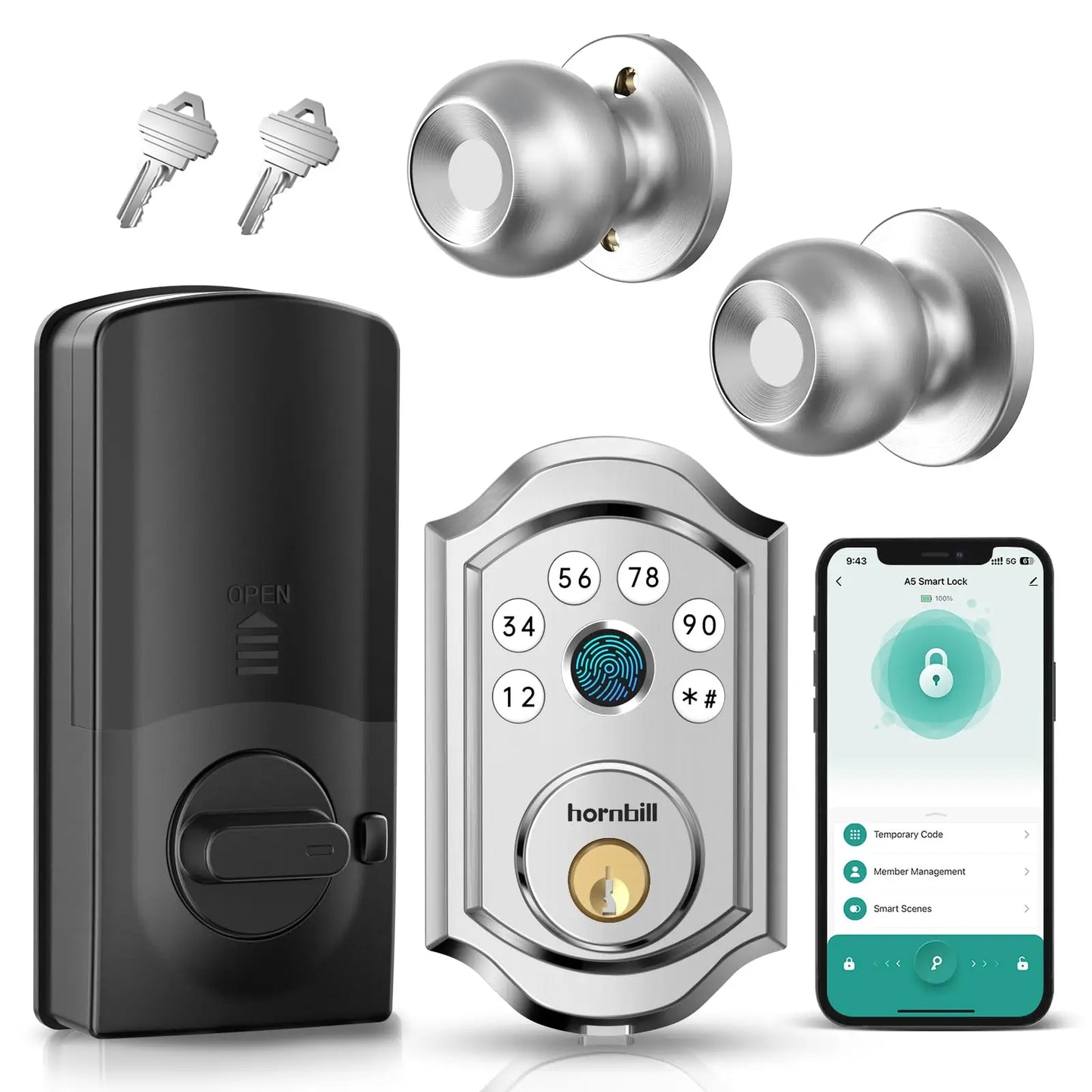 Hornbill Smart Fingerprint Lock With Door Knobs Set Electronic Digital Deadbolt Keyless Entry Door Locks For Home Safe Auto-Lock