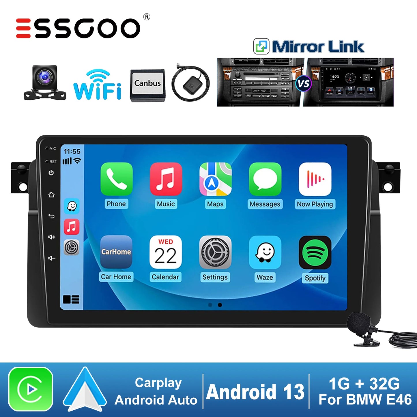 ESSGOO 9“ Display 2 DIN For BMW E46 M3 Rover 75 MG ZT Car Stereo Radio GPS Navi Wifi Android 13 Carplay Multimedia Video Player