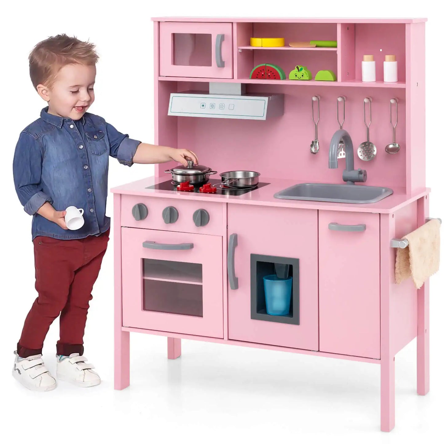 Kids Kitchen Playset Wooden Pretend Play Chef Toy w/ Microwave & Accessories