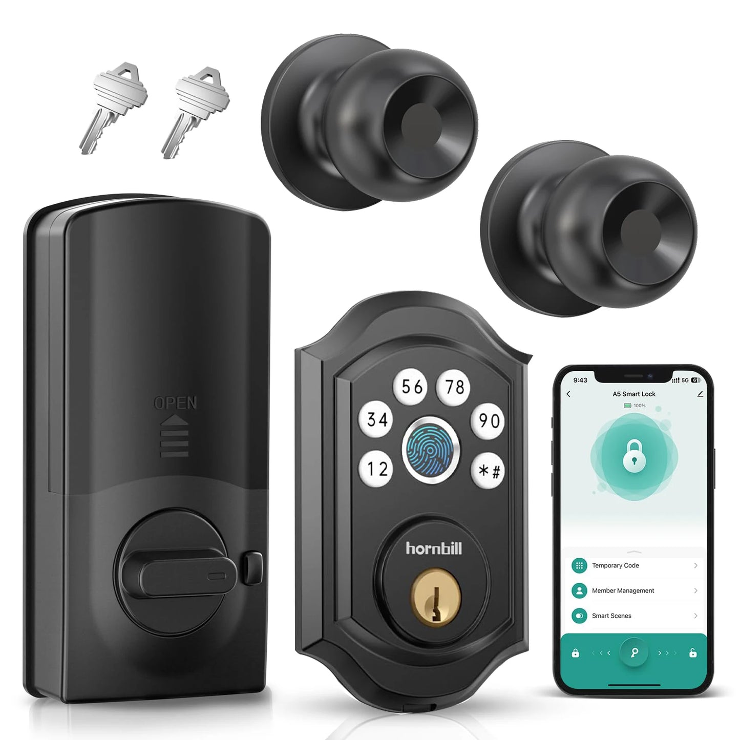 Hornbill Smart Fingerprint Lock With Door Knobs Set Electronic Digital Deadbolt Keyless Entry Door Locks For Home Safe Auto-Lock