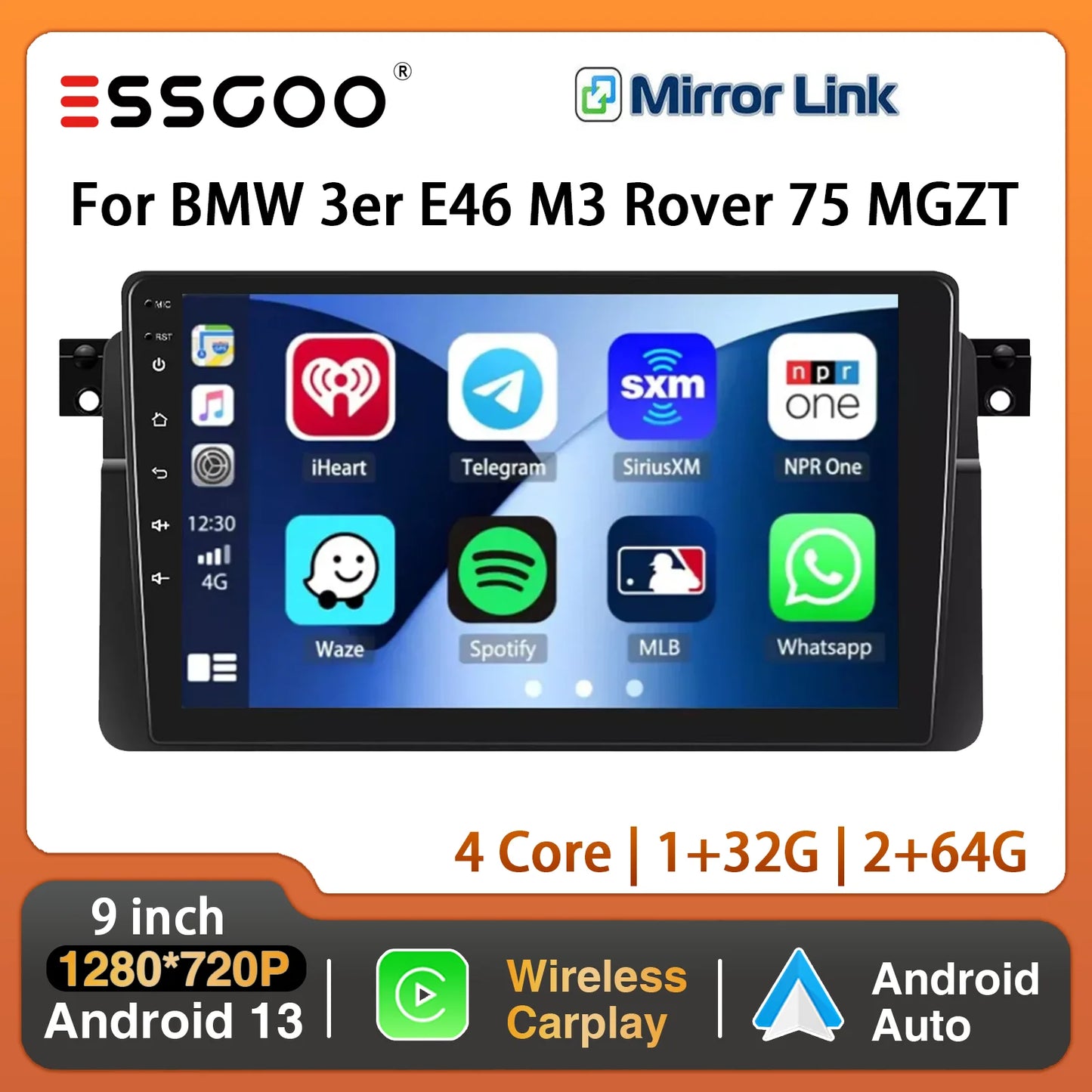 ESSGOO 9“ Display 2 DIN For BMW E46 M3 Rover 75 MG ZT Car Stereo Radio GPS Navi Wifi Android 13 Carplay Multimedia Video Player