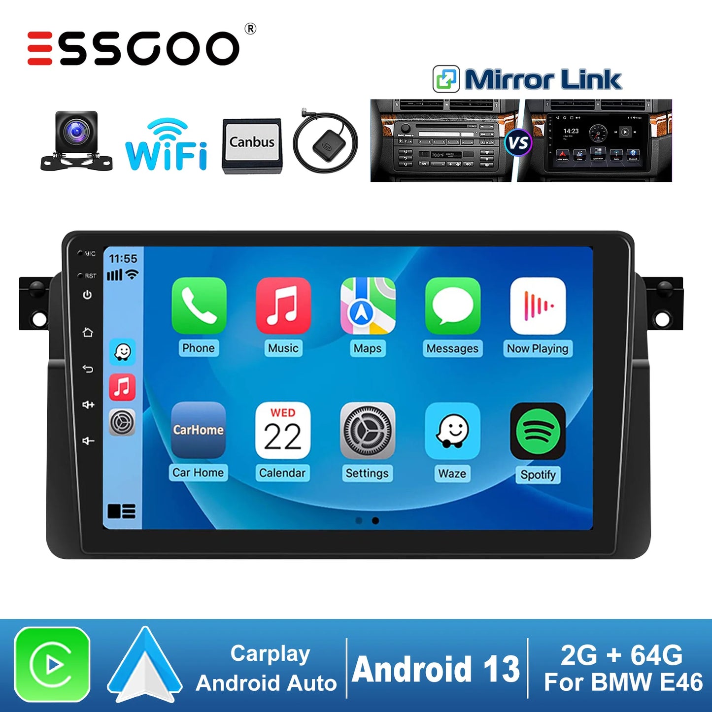 ESSGOO 9“ Display 2 DIN For BMW E46 M3 Rover 75 MG ZT Car Stereo Radio GPS Navi Wifi Android 13 Carplay Multimedia Video Player