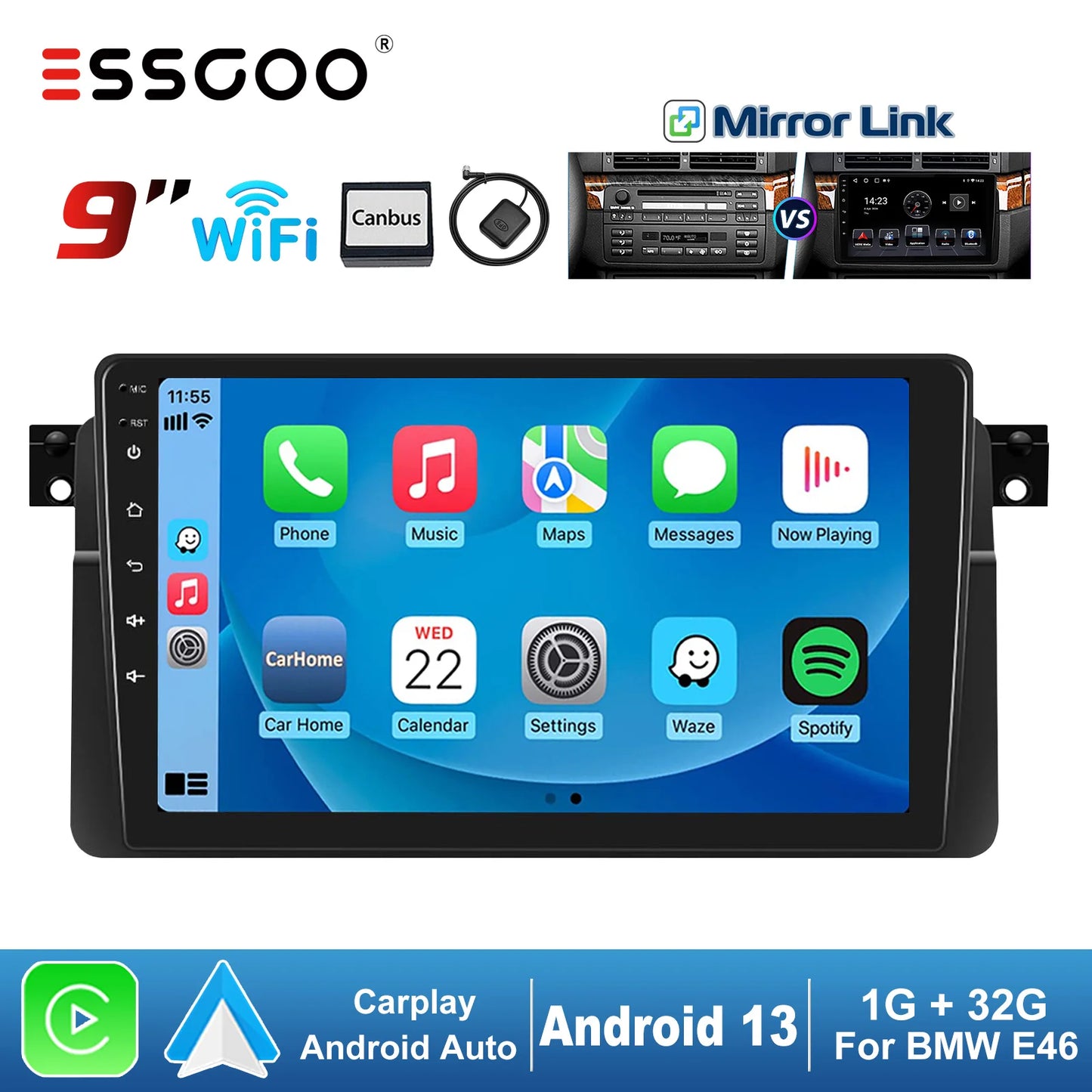 ESSGOO 9“ Display 2 DIN For BMW E46 M3 Rover 75 MG ZT Car Stereo Radio GPS Navi Wifi Android 13 Carplay Multimedia Video Player