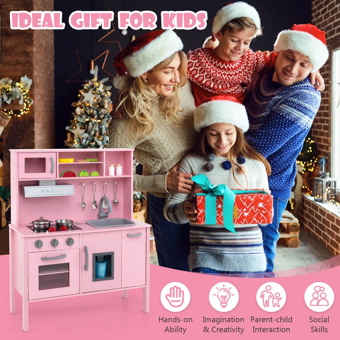 Kids Kitchen Playset Wooden Pretend Play Chef Toy w/ Microwave & Accessories